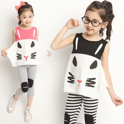 LS 韩版童装2014夏装新款女童儿童猫咪套装